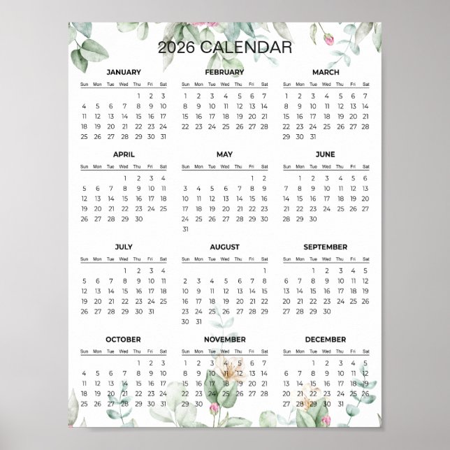 Poster Calendário 2026 Floral Simples, mas Elegante  |  (Frente)