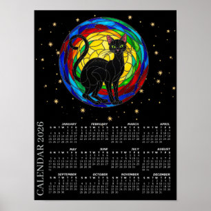 Poster Calendário 2026, Gato Preto Vintage, Mosaico Color