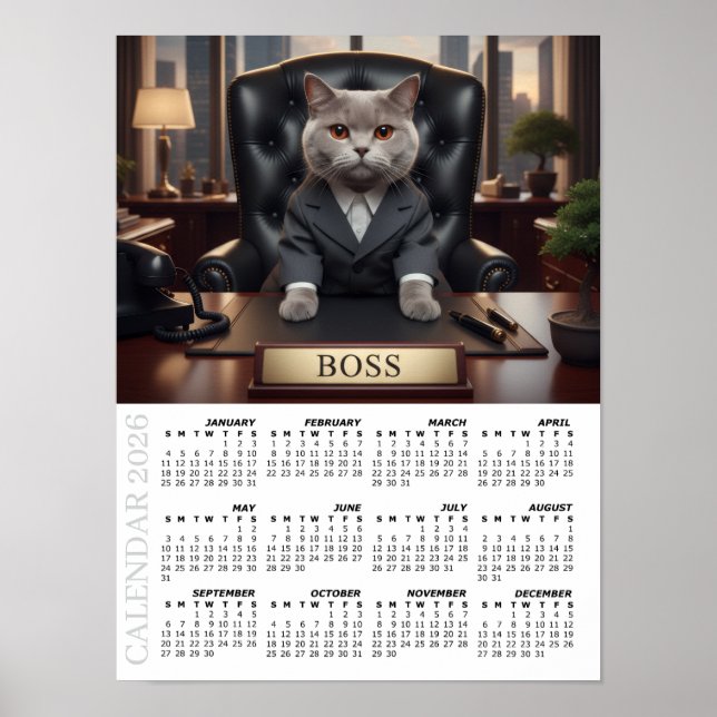Poster Calendário 2026, O Chefe - Gatos Divertidos no Esc (Frente)