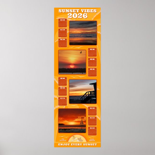Poster Calendário 2026 Pôr do Sol e Vibrações de Praia (Frente)