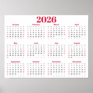 Poster Calendário 2026 Simples Vermelho e Branco