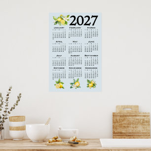 Poster Calendário 2027 Estilo Italiano Limões Fundo Azul