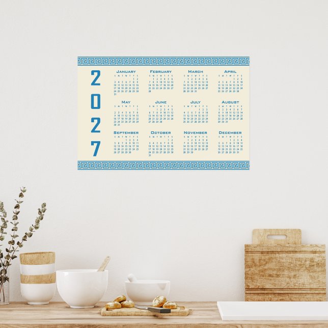Poster Calendário 2027, Fretwork Grego, Azul no Cosmic La (Cozinha)
