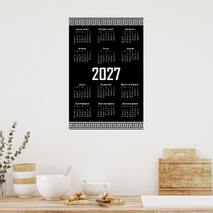 Poster Calendário 2027, Fretwork Grego, Branco no Preto