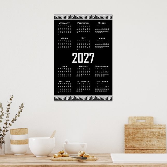 Poster Calendário 2027, Fretwork Grego, Branco no Preto (Cozinha)
