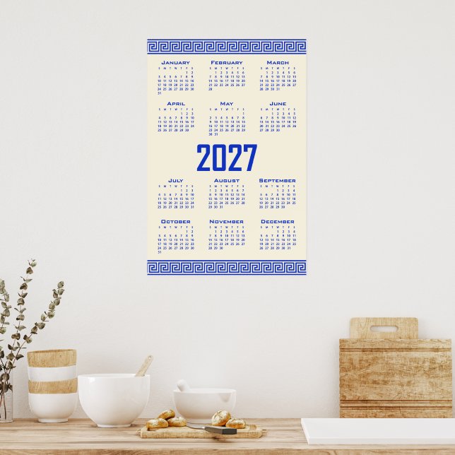 Poster Calendário 2027, Fretwork Grego, Café Cósmico Azul (Cozinha)
