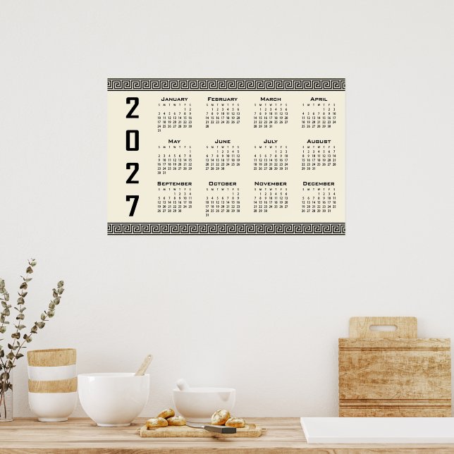 Poster Calendário 2027, Fretwork Grego, Preto no Bege (Cozinha)