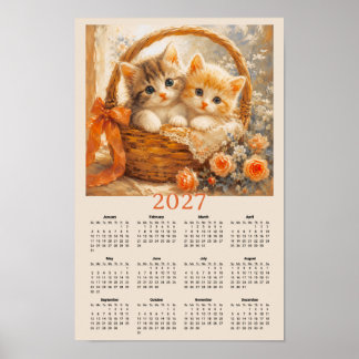 Poster Calendário 2027 - Gatinhos Fofos em Cesta Tecida