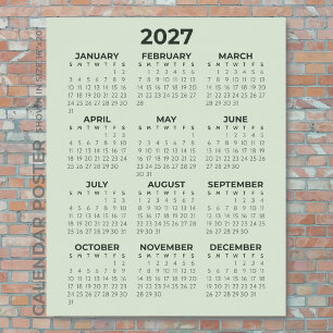 Poster Calendário 2027 Simples Básico Verde Sage Parede