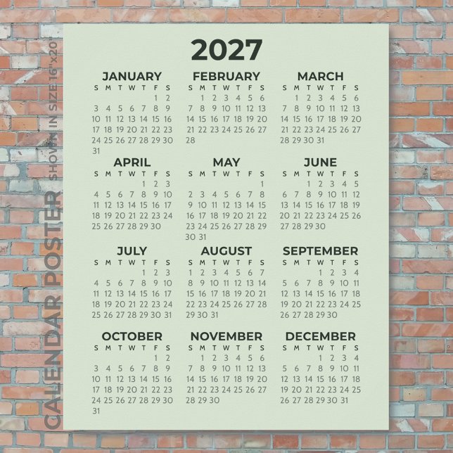 Poster Calendário 2027 Simples Básico Verde Sage Parede (Criador carregado)
