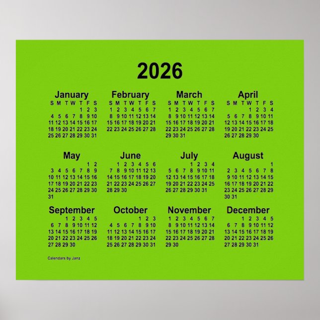 Poster Calendário Amarelo Verde 2026 por Janz Print (Frente)