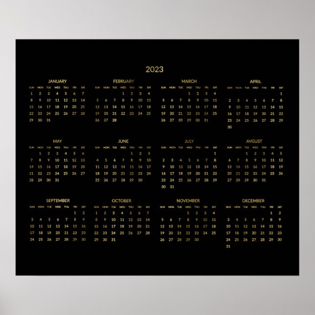 Poster Calendário Anual 2023 Cartaz Dourado Falso e Preto (Frente)