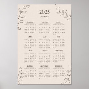 Poster Calendário Anual 2025 Arte de Linha Floral Minimal