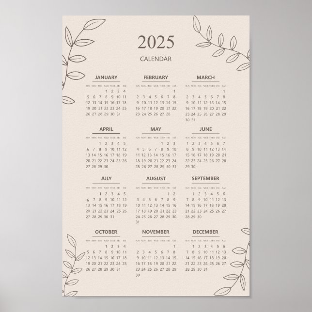 Poster Calendário Anual 2025 Arte em Linha Floral Minimal (Frente)