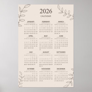Poster Calendário Anual 2026 Arte Floral Minimalista