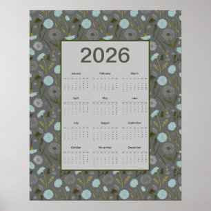 Poster Calendário Anual 2026 Dandelion Azul Cinza