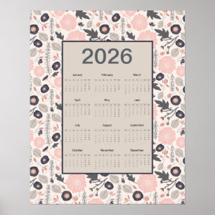Poster Calendário Anual 2026 Rosa Cinza Botânico