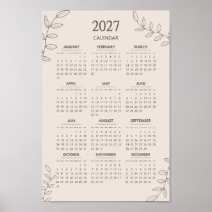 Poster Calendário Anual 2027 Arte de Linha Floral Minimal
