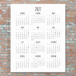 Poster Calendário Anual 2027 Script Preto e Branco