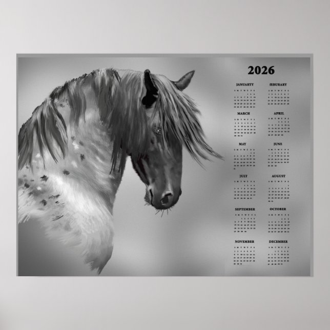 Poster Calendário Anual Cavalo Cinza Manchado (Semi-Brilh (Frente)