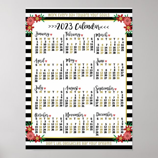 Poster Calendário Anual de 2023 Listras Florais | Texto P (Frente)