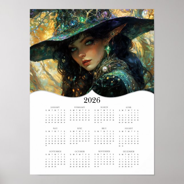 Poster Calendário Anual de Parede de 2026 da Bruxa (Frente)