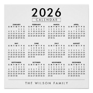Pôster Calendário Anual Personalizado de Parede com Nome