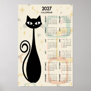 Poster Calendário Atômico Retro Gato Preto Meados do Sécu