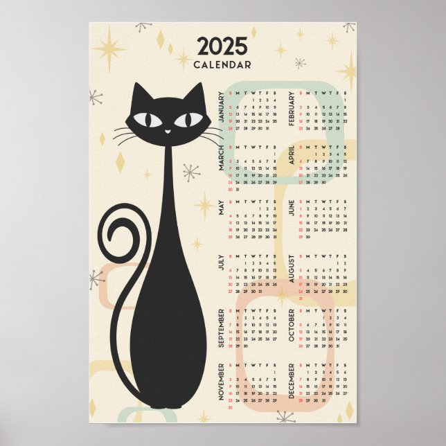 Poster Calendário Atômico Retro Preto Gato Meados do Sécu (Frente)