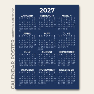 Poster Calendário Azul Marinho 2027 Simples Clássico Eleg