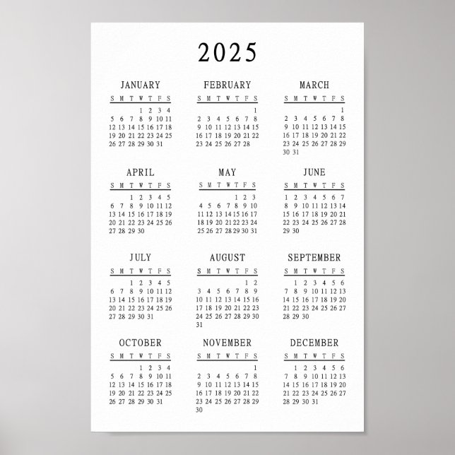 Poster Calendário Básico Simples Preto e Branco 2025 (Frente)