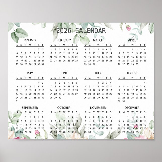 Poster Calendário Botânico Floral Simples e Elegante 2026 (Frente)