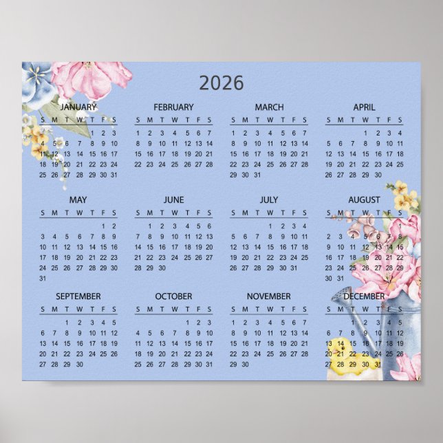 Poster Calendário Botânico Floral Simples Elegante 2026 | (Frente)