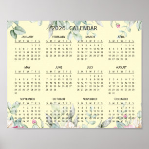 Poster Calendário Botânico Floral Simples Elegante 2026