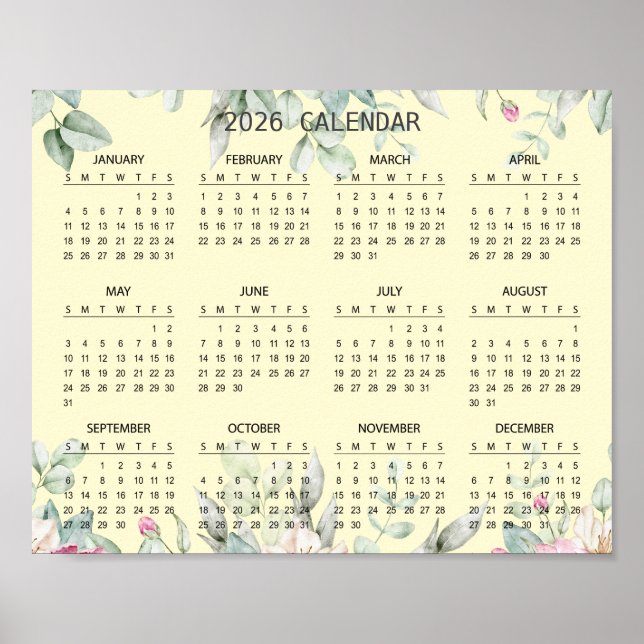 Poster Calendário Botânico Floral Simples Elegante 2026 | (Frente)