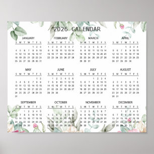 Poster Calendário Botânico Floral Simples Elegante 2026