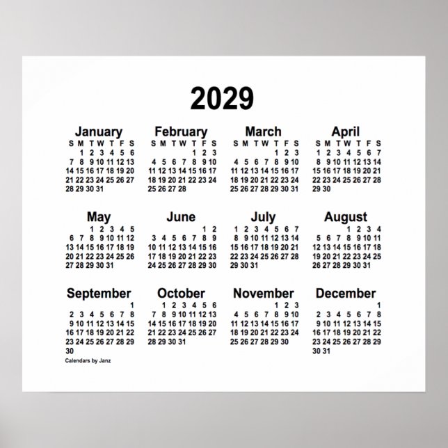 Poster Calendário Branco 2029 por Janz Print (Frente)
