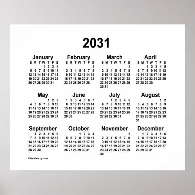 Poster Calendário Branco 2031 por Janz Print (Frente)