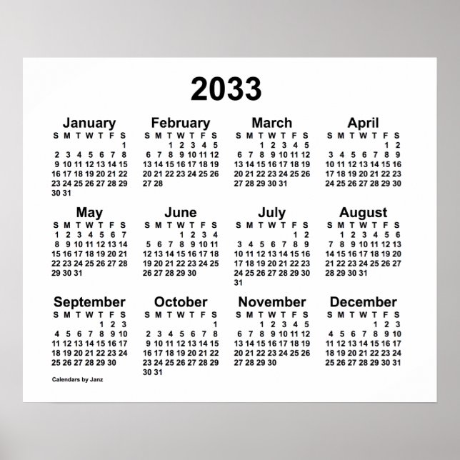 Poster Calendário Branco 2033 by Janz Print (Frente)