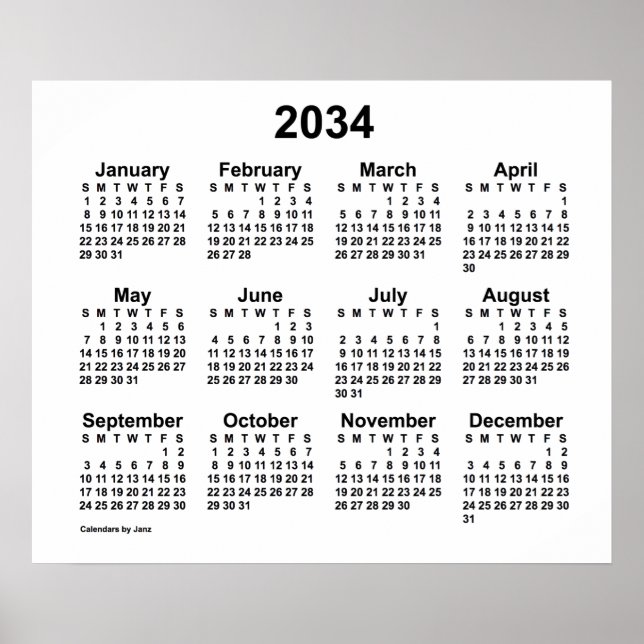 Poster Calendário Branco 2034 da Janz Print (Frente)
