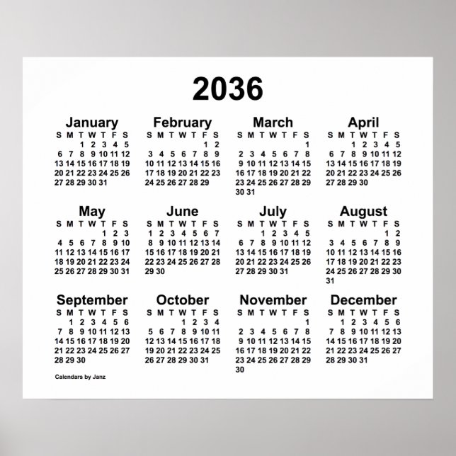 Poster Calendário Branco 2036 por Janz Print (Frente)