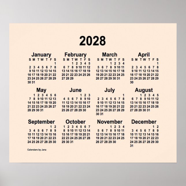 Poster Calendário branco antigo de 2028 por Janz Impressã (Frente)