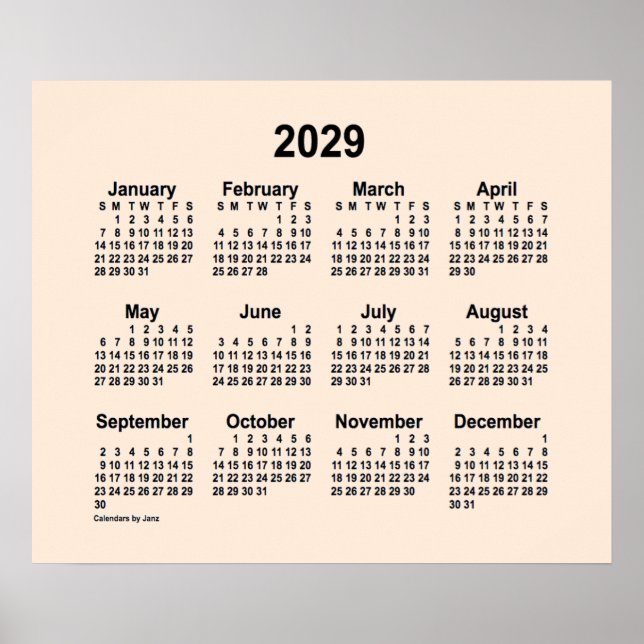 Poster Calendário branco antigo de 2029 por Janz Impressã (Frente)