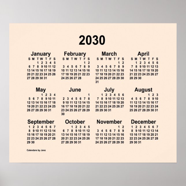Poster Calendário branco antigo de 2030 por Janz Impressã (Frente)