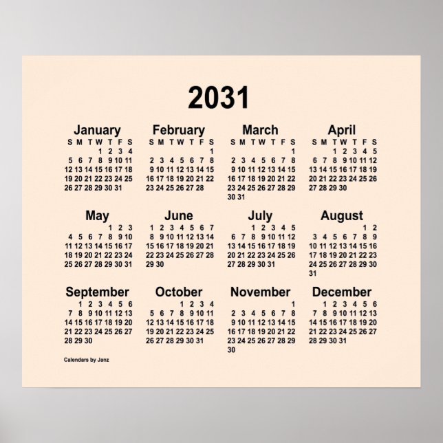 Poster Calendário branco antigo de 2031 por Janz Impressã (Frente)