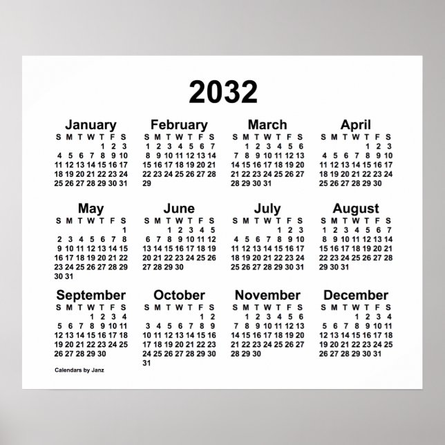 Poster Calendário Branco de 2032 por Janz Print (Frente)