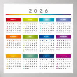 Poster Calendário Colorido 2026 - Cores Arco-Íris 3 Colun