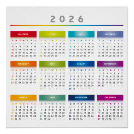 Pôster Calendário Colorido 2026 - Cores Arco-Íris 3 Colun
