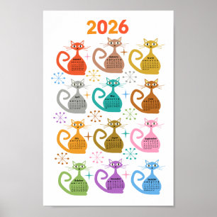 Poster Calendário Colorido de Gatos Atômicos de Meados do
