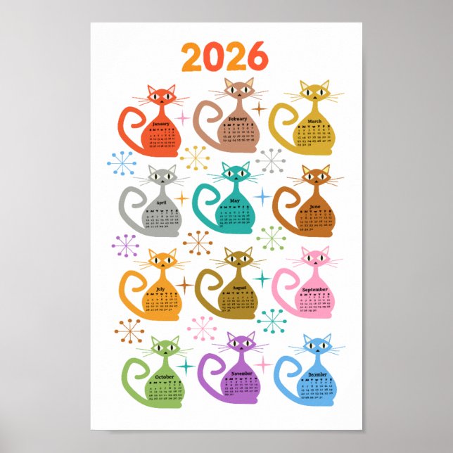 Poster Calendário Colorido de Gatos Atômicos de Meados do (Frente)